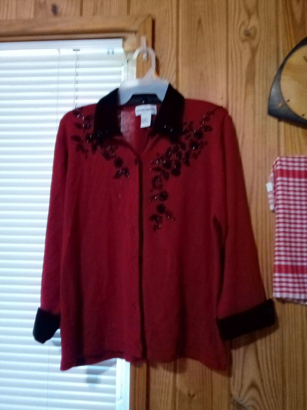 Alfred Dunner Women's L Cardigan Maroon & Black Embellished Long Sleeve Sweater